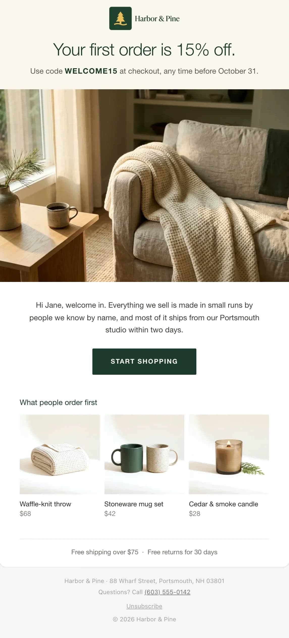 Harbor & Pine welcome email: 15% off your first order, a lifestyle photo and three products